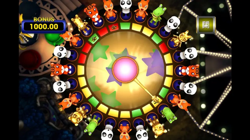 Animal Circus wheel on 3Win8: pandas, tigers, squirrels, crocodiles and gold figures around a ring of red, green and yellow segments with a gold arrow