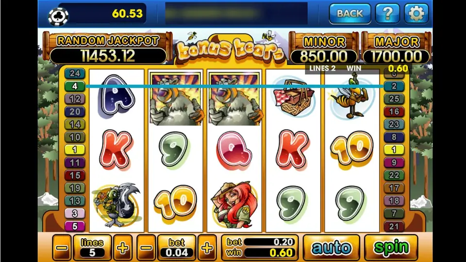Bonus Bears reels on 3Win8 with two grey bears on reels 2 and 3, a picnic basket, a bee, a skunk, a park ranger and bubbly card letters