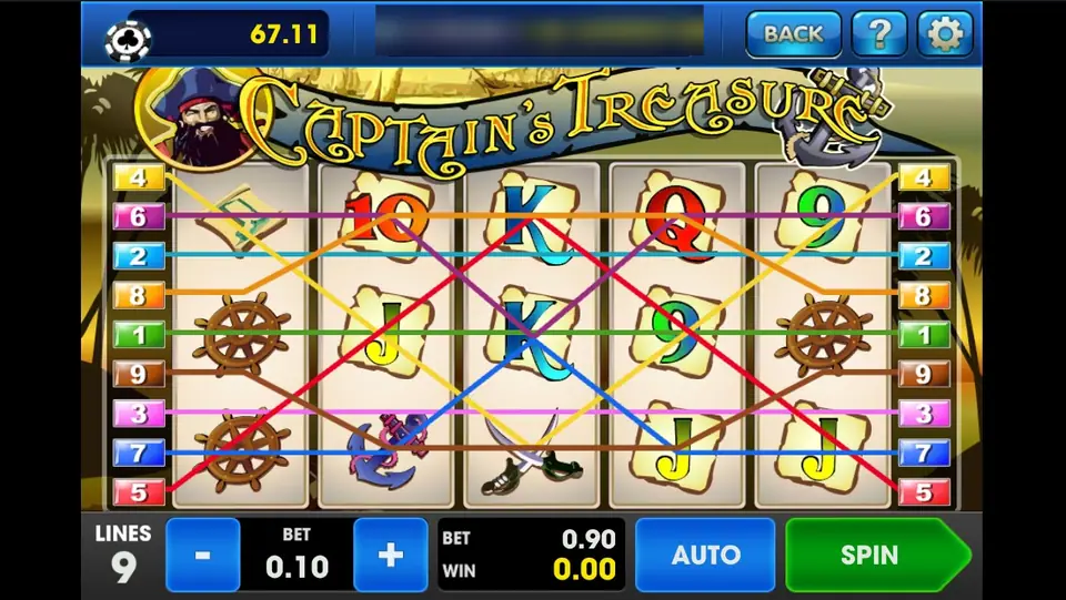 Captain's Treasure reels on 3Win8 with ship's wheels, an anchor, crossed swords and card letters on parchment tiles, all 9 lines drawn