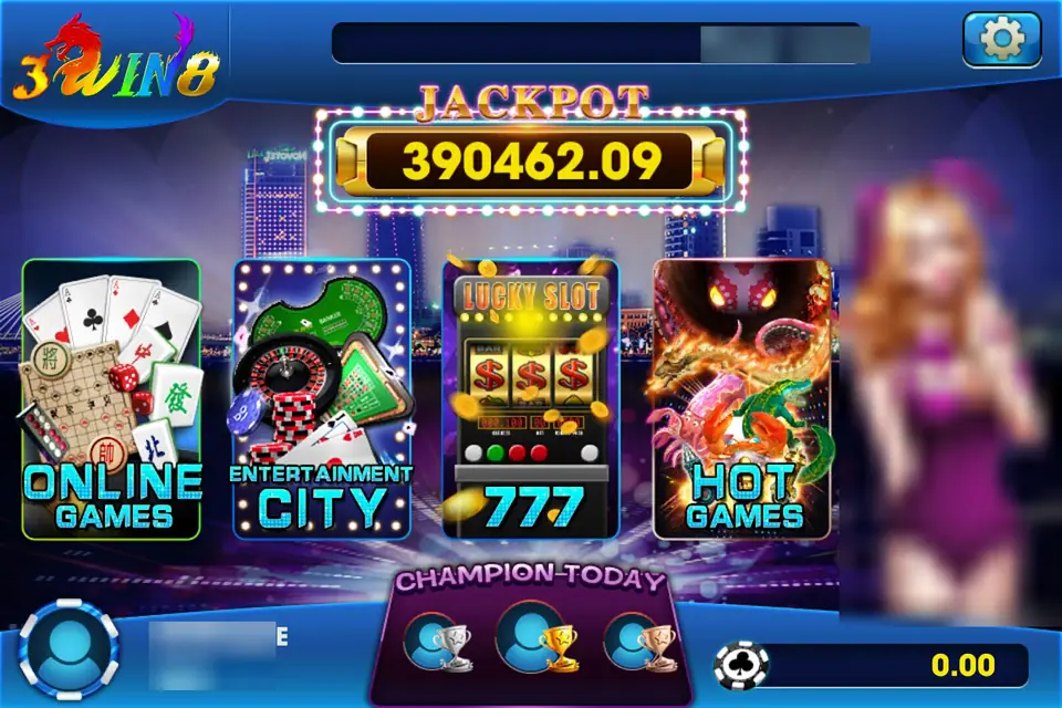 3Win8 lobby with a jackpot counter over Online Games, Entertainment City, 777 and Hot Games tiles, player name and side figure pixelated