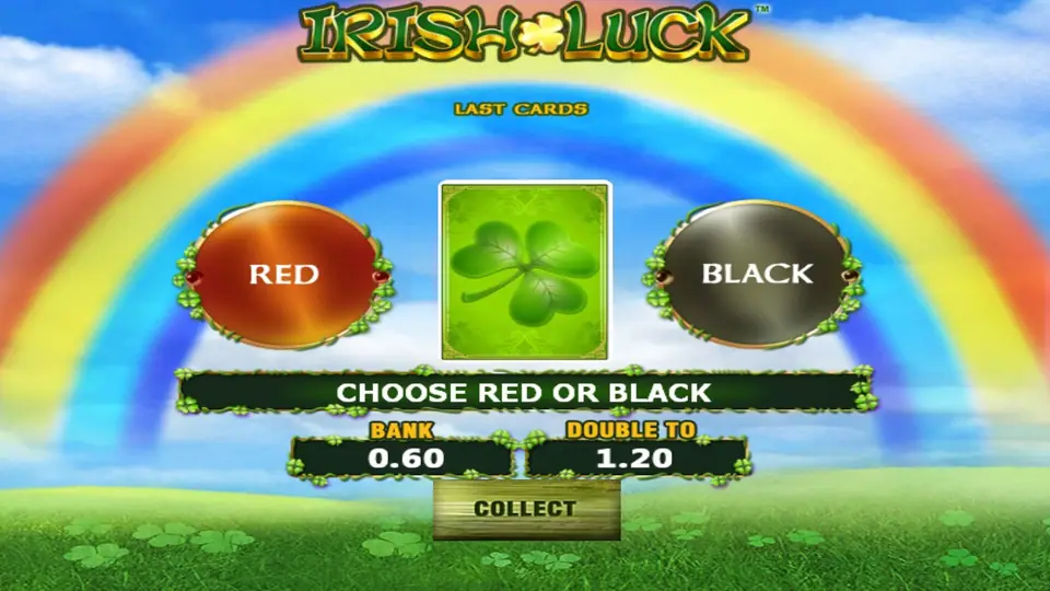 Irish Luck gamble screen: Choose red or black, bank 0.60, double to 1.20, and a Collect button