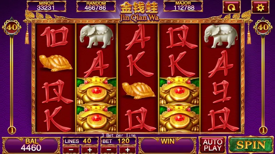 Jin Qian Wa on 918Kiss with stacked golden money toads on reels two and four, white elephants, a golden turtle and red calligraphy card letters