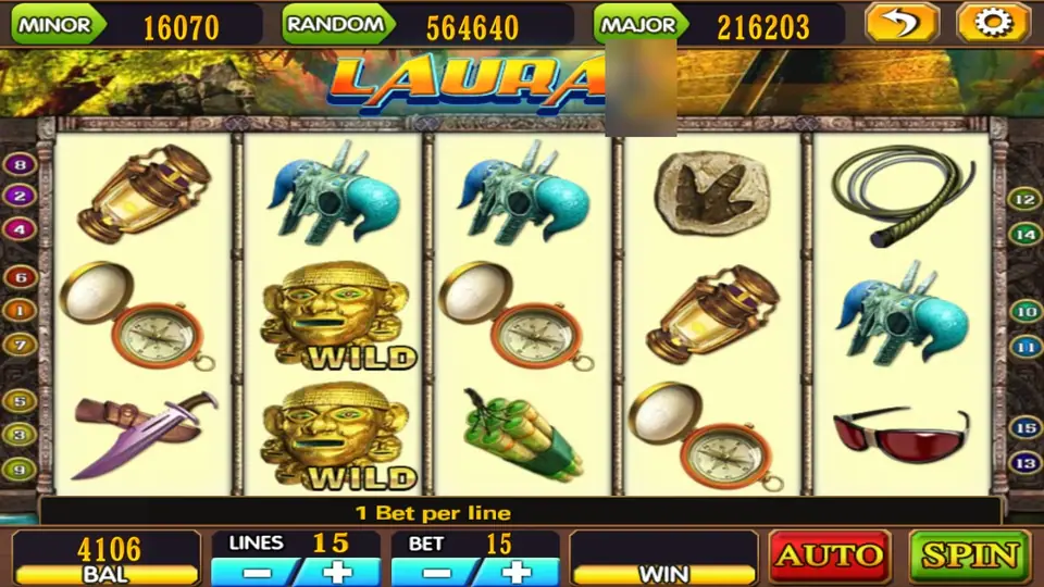 Laura reels on 918Kiss with two golden mask wilds on reel two, a lantern, compasses, a whip, a fossil footprint and a jungle idol, 15 lines at 1 a line