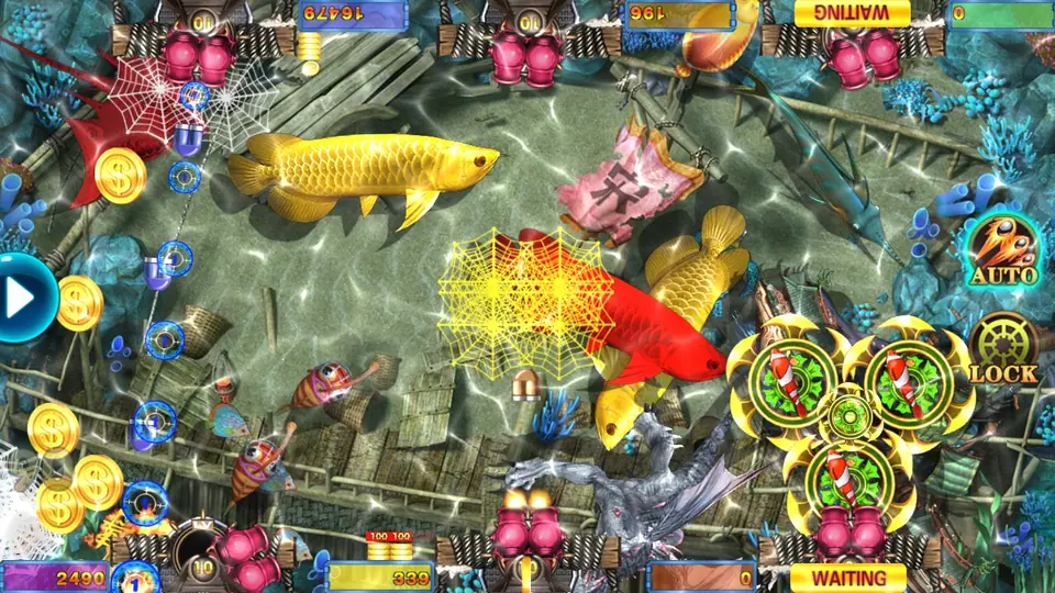 Li Kui Pi Yu fishing room with golden and red arowanas, a stack of coins and nets bursting over the fish, cannons along the edges