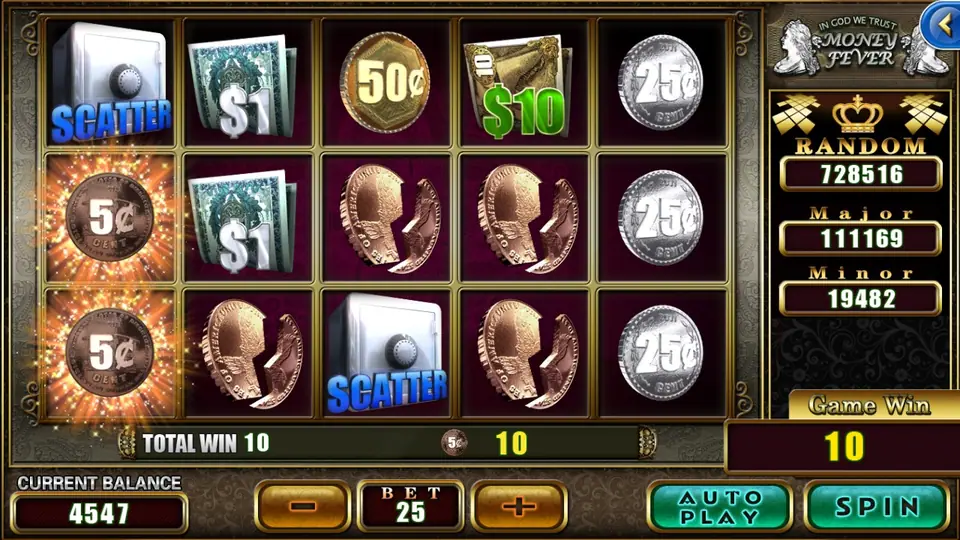 Money Fever reels with a safe scatter, dollar bills, 25 cent and 50 cent coins, two 5 cent coins on reel one lit up for a win of 10