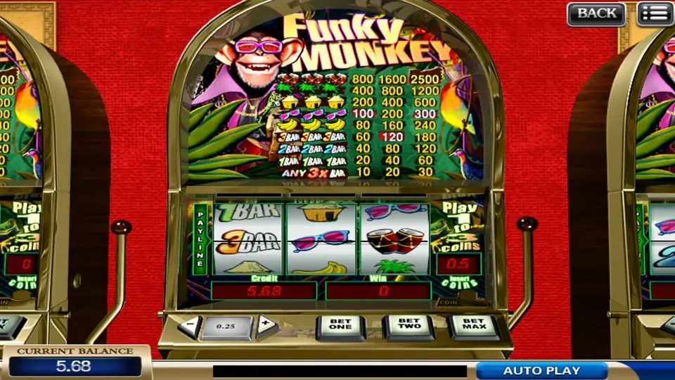 Funky Monkey 3-reel cabinet with the pay table on the glass above, 1 BAR, 3 BAR, a hut, sunglasses and bongo drums on the reels