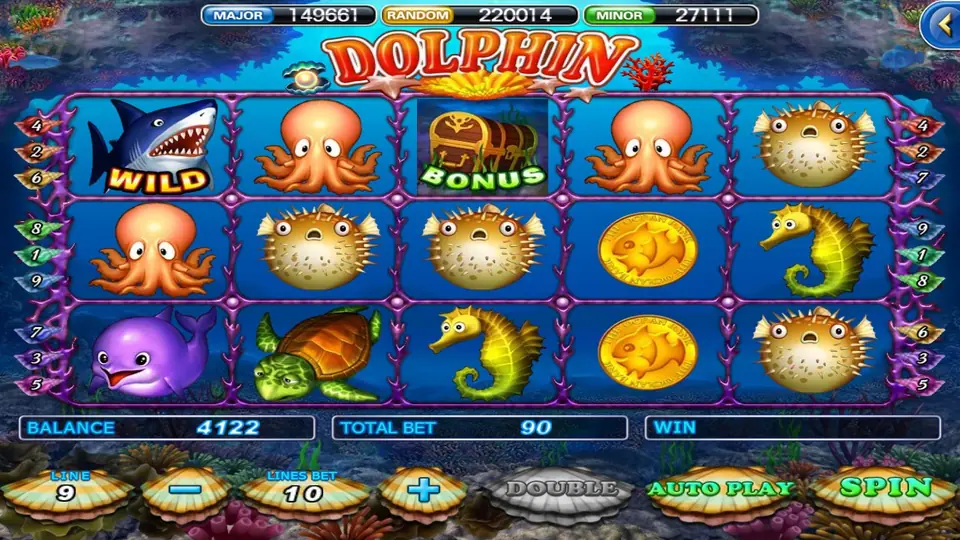 Ocean Paradise reels on 918Kiss with a shark wild, a treasure chest bonus, octopuses, pufferfish, seahorses and gold fish coins, 9 lines at 10 a line