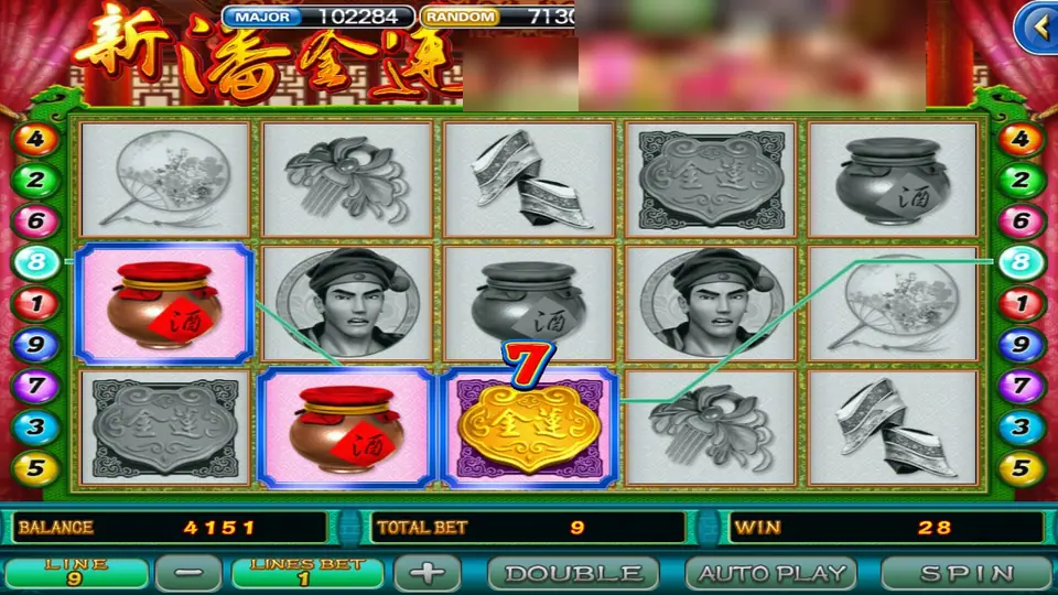 Pan Jin Lian line win of 28 on line 8 with two wine jars and a gold 金莲 plaque in colour, the other symbols greyed out