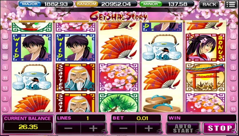 Geisha Story with samurai WILD symbols on reels one and two and two sage SCATTER symbols stacked on reel two, one line at 0.01
