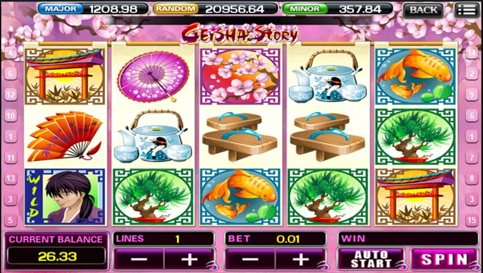 Geisha Story with a samurai WILD on reel one, koi, geta sandals, a bonsai pine and a torii gate, LINES 1 and BET 0.01