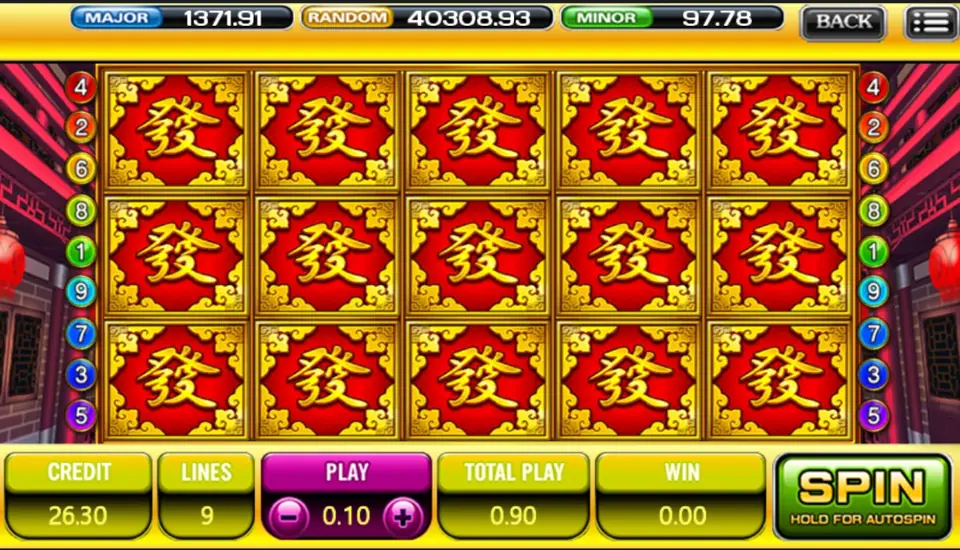God of Wealth on ACE333 with all fifteen reel positions showing the red and gold 發 tile, 9 lines at PLAY 0.10 and TOTAL PLAY 0.90