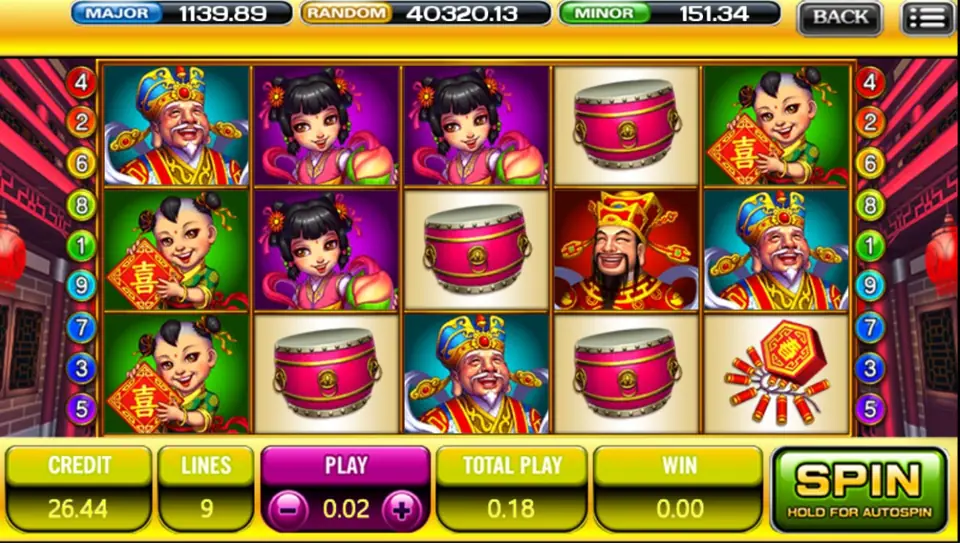 God of Wealth reels with Cai Shen, the older god in a blue hat, festival children, drums and firecrackers, 9 lines at 0.02