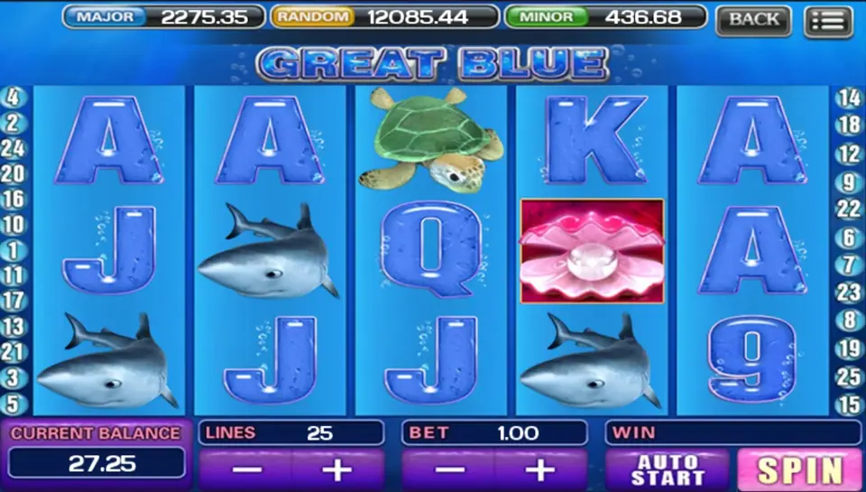 Great Blue on ACE333 with sharks on reels one, two and four, a sea turtle, a pearl shell scatter on reel four and blue card ranks, 25 lines at a bet of 1.00