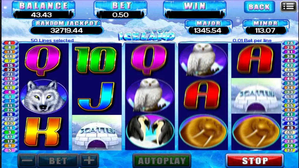 Iceland reels with snowy owls, a wolf, penguins, two walruses and igloo SCATTER symbols on reels two and five, 50 lines at 0.01