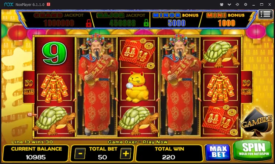 Lightning on ACE333 with the robed official filling reels two and four, turtles, firecrackers and a lucky cat, Line 13 wins 30 and a total win of 220