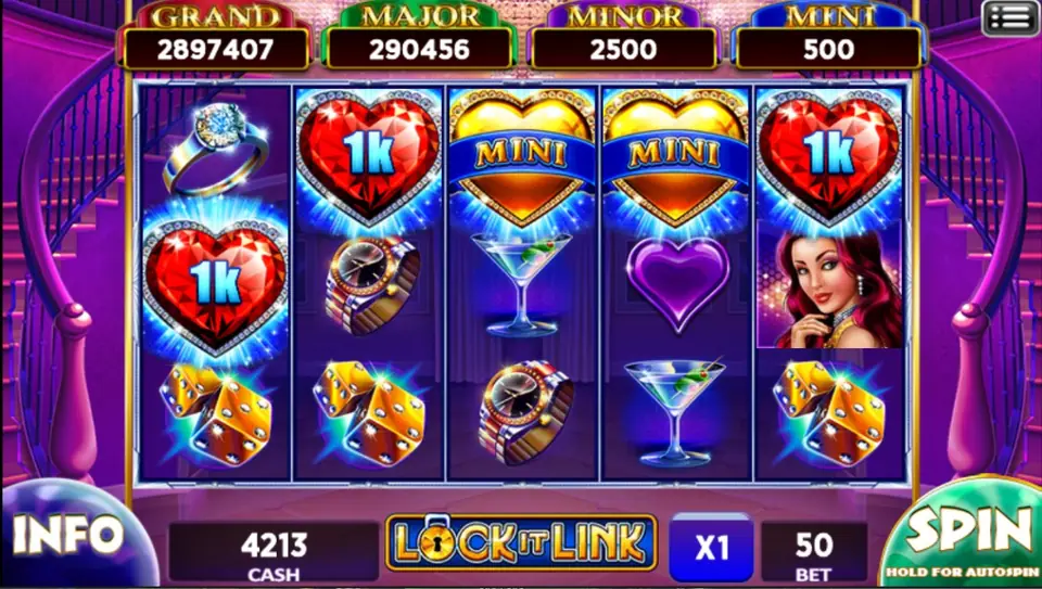 Lock It Link on ACE333 with red hearts worth 1k, gold MINI hearts, a diamond ring, gold watches, dice and martini glasses under Grand, Major, Minor and Mini