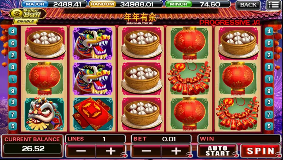 Nian Nian You Yu with dragon heads on reel two, steamed buns stacked on reel three, lanterns, firecrackers and a lion dance head, one line at 0.01