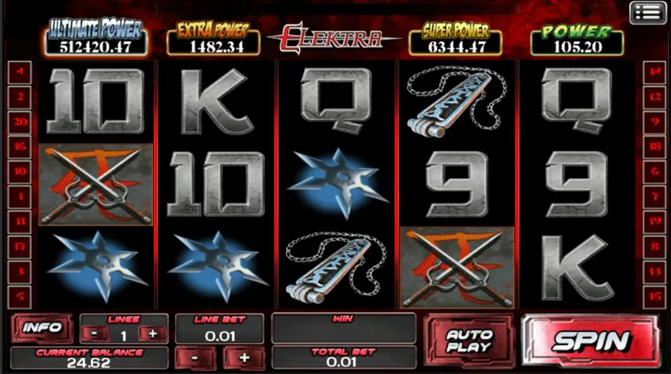 Elektra reels with crossed sai on reels one and four, shuriken on reels one, two and three, a chain weapon and steel card ranks