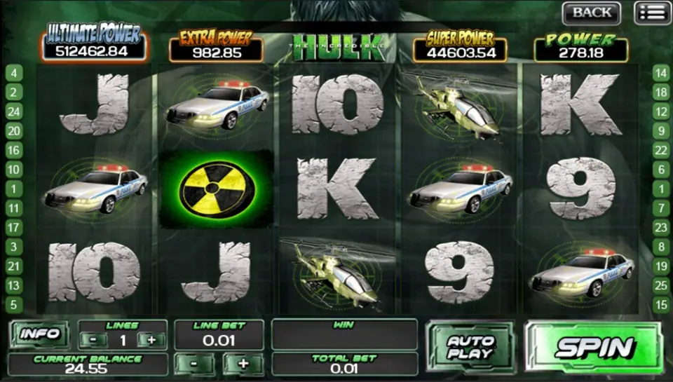 The Incredible Hulk on ACE333 with police cars, attack helicopters and a radiation sign among cracked stone card ranks, one line at 0.01