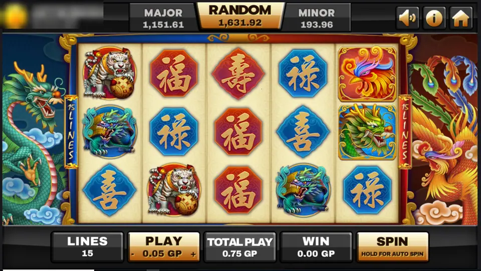 Archer reels on Joker123 with a white tiger, a green dragon, a phoenix and a shelled beast among red and blue character tiles, 15 lines