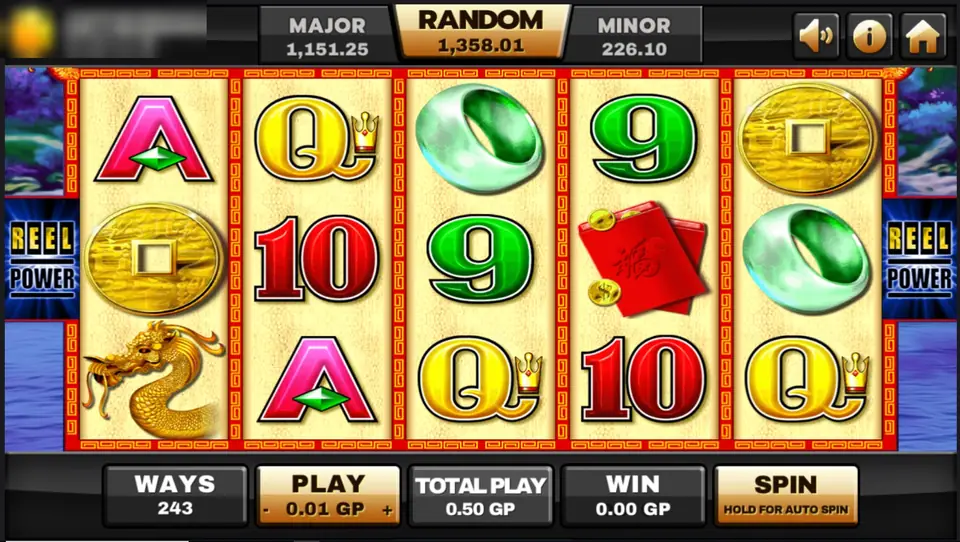 Choy Sun Doa reels on Joker123 with a gold dragon, gold coins, jade rings, a red envelope and card symbols on cream tiles, Reel Power signs at the sides