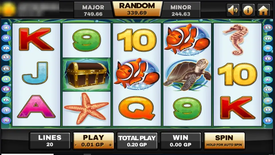 Dolphin Reef reels on Joker123 with clownfish, a sea turtle, a starfish, a seahorse, a treasure chest and card symbols, 20 lines