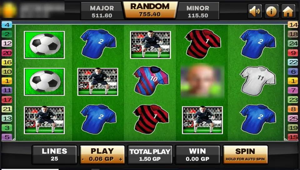 Football Rules reels on Joker123: a green pitch with footballs, goalkeepers, blue, striped and red-black shirts and a referee, 25 lines