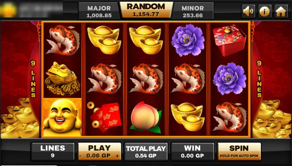 Happy Buddha reels on Joker123 with koi, gold ingots, a money toad, a peach, peonies, red envelopes and the laughing Buddha, 9 lines