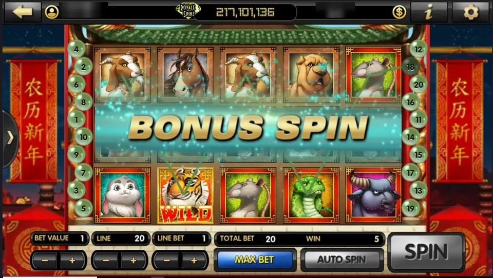 The Bonus Spin banner over the reels, a tiger wild on reel 2, 20 lines at 1