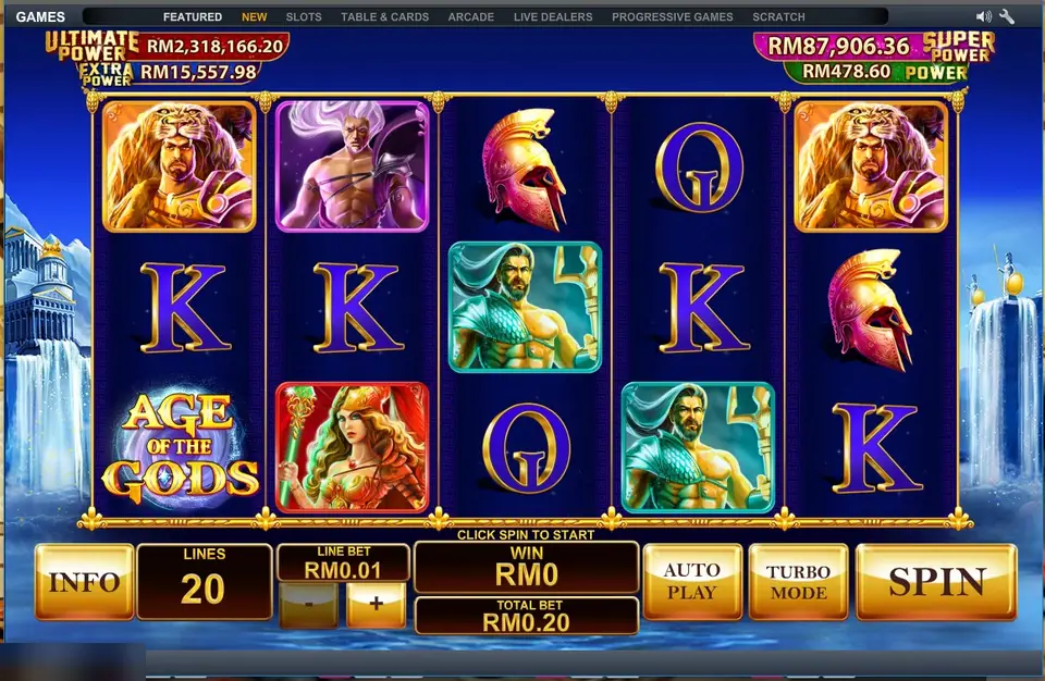 Age of the Gods on LPE88 with Hercules, Hades, Poseidon and a red-haired goddess among Greek-style card letters, four Power jackpot meters above, 20 lines at RM0.01