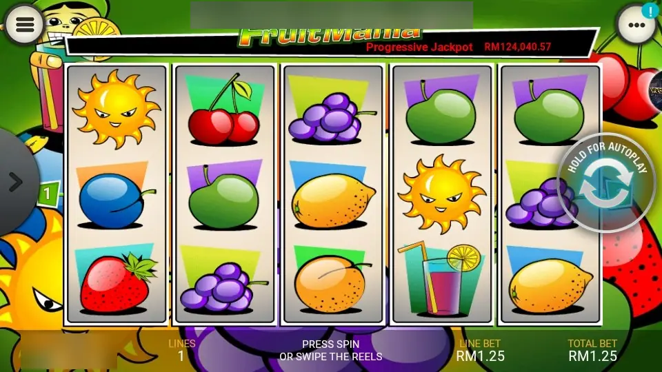 Fruit Mania on LPE88 with a grinning sun, cherries, grapes, apples, a plum, lemons and a cocktail glass, progressive jackpot meter above, RM1.25 line bet