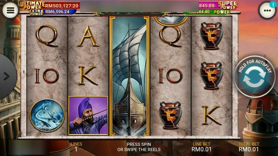 God of Storms on LPE88 at sunset with a warship filling reel 3, an archer, a sea serpent coin and painted vases, Power jackpot meters at the top