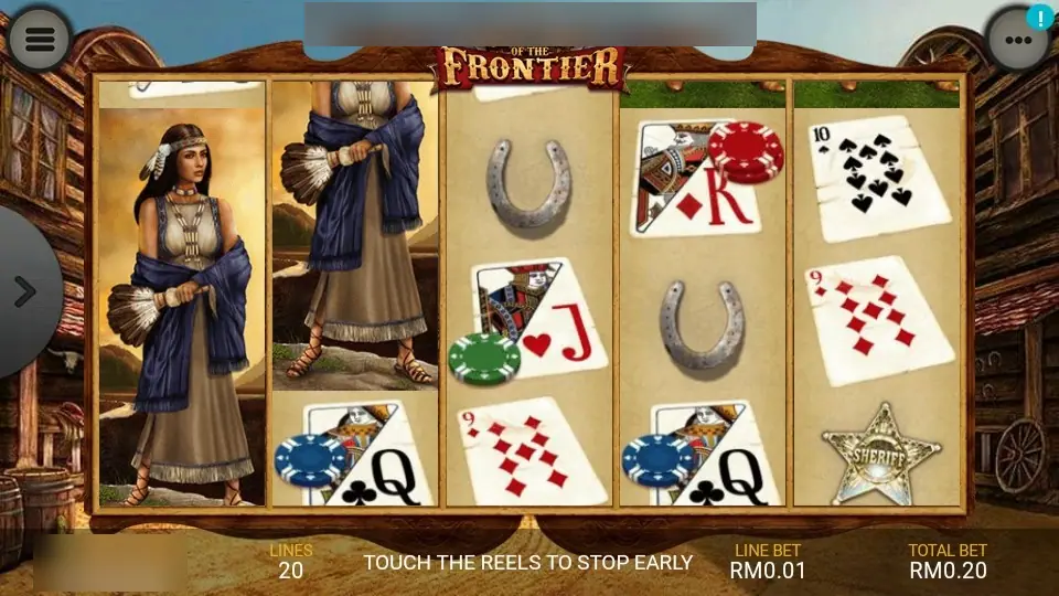 Heart of the Frontier on LPE88 with a woman in a feather shawl stacked over reels 1 and 2, horseshoes, a sheriff badge and playing cards with poker chips