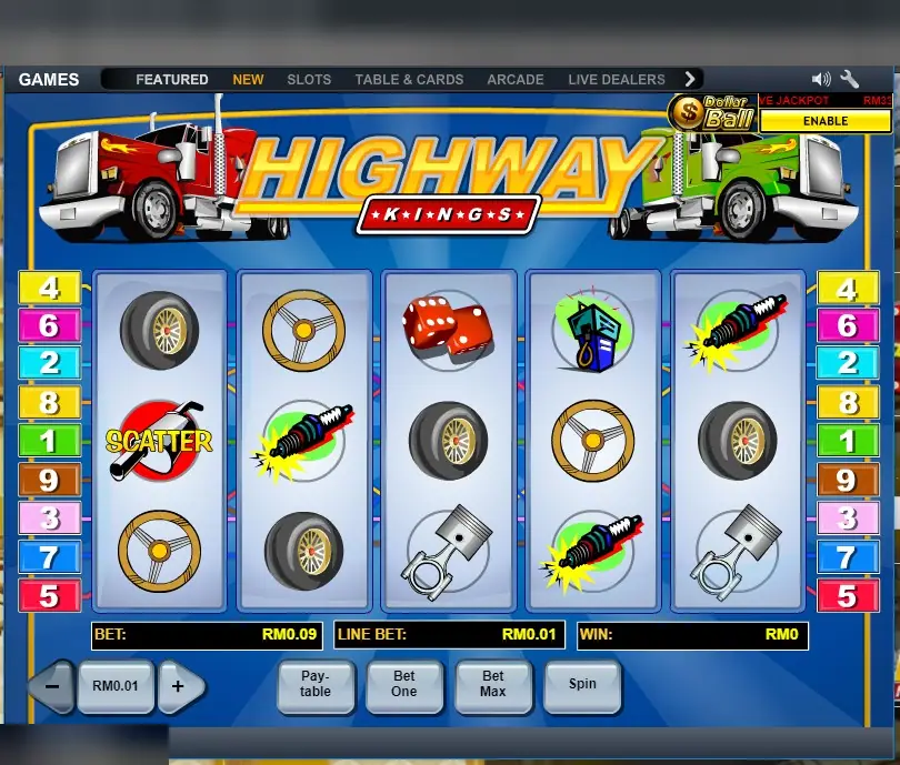 Highway Kings on LPE88 with a SCATTER on reel 1, spark plugs, tyres, dice and a petrol pump, 9 lines at RM0.01