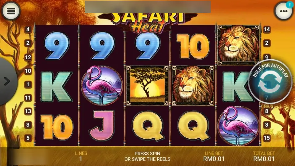 Safari Heat on LPE88 with two lions, a sunset tree, flamingos and card letters on the reels, line numbers down both sides