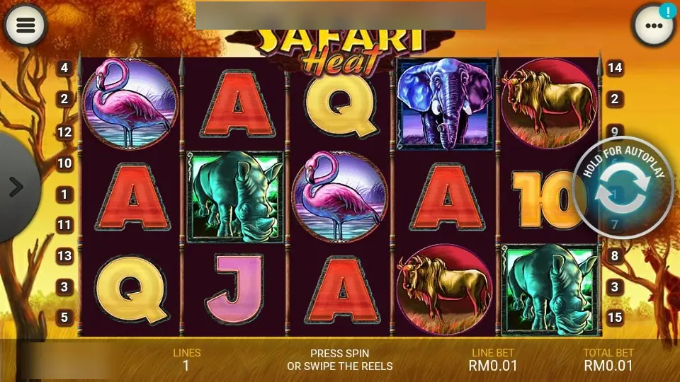 Safari Heat on LPE88 with flamingos, rhinos, a wildebeest and an elephant on the reels, one line at RM0.01