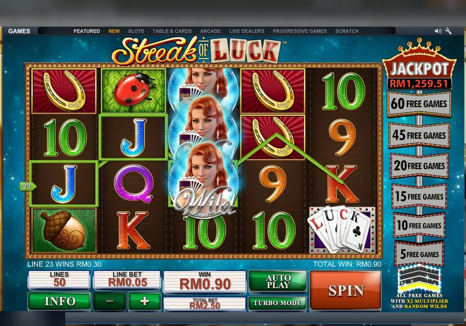 Streak of Luck on LPE88 with a stacked wild on reel 3, a ladybird, horseshoes and an acorn, free games ladder and jackpot on the right, win RM0.90