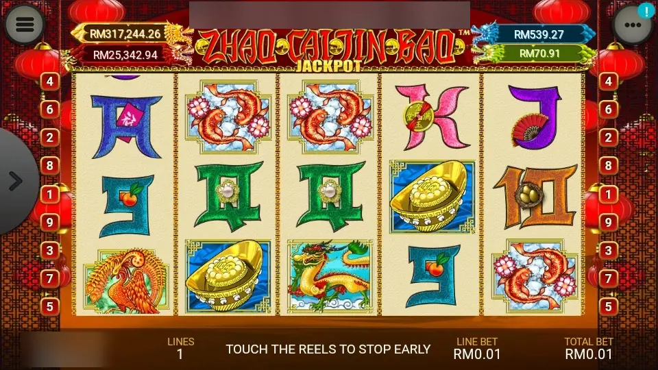 Zhao Cai Jin Bao Jackpot on LPE88 with koi pairs, gold ingots, a dragon and a phoenix among charm-decorated card letters, four dragon jackpot meters above