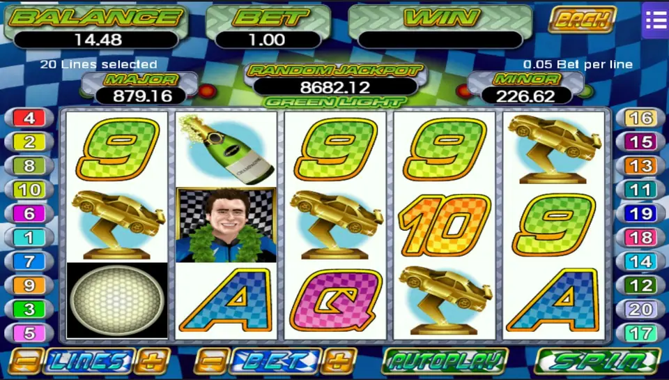 Green Light on Mega888: five reels with gold trophy cars, champagne, a racing driver and card letters, 20 lines selected at 0.05 a line