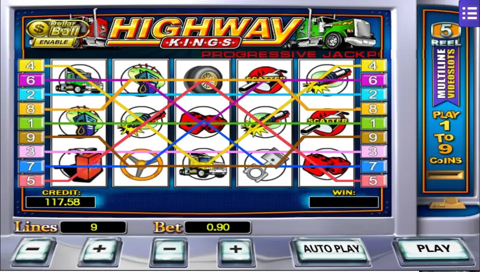 Highway Kings on Mega888 with all 9 paylines drawn over trucks, fuel pumps, tyres, dice and scatter symbols, Lines 9 and Bet 0.90