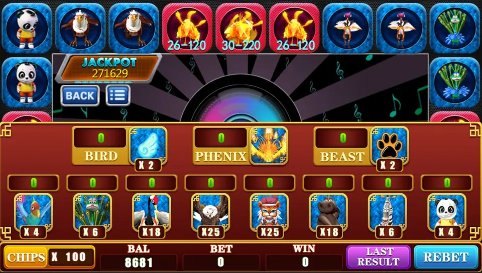 HPheonix bet board on Mega888: Bird x2, Phenix and Beast x2 boxes above eight animals paying x4 to x25, chips at 100