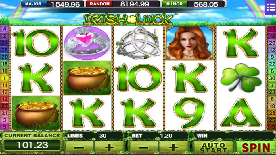 Irish Luck on Mega888 with pots of gold, a Claddagh ring, a Celtic knot, a red-haired lady and green card letters, Lines 30, Bet 1.20