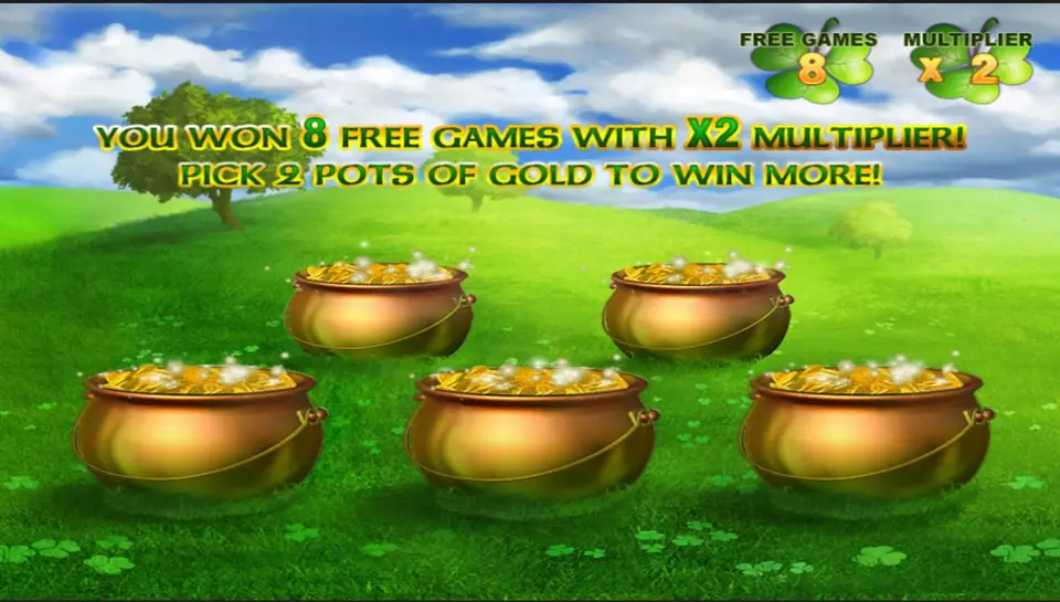 Irish Luck pick screen on Mega888: 8 free games at x2, pick 2 pots of gold