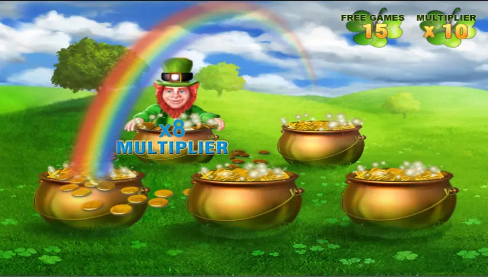 A leprechaun reveals x8 under a rainbow, and the counters read 15 free games and x10