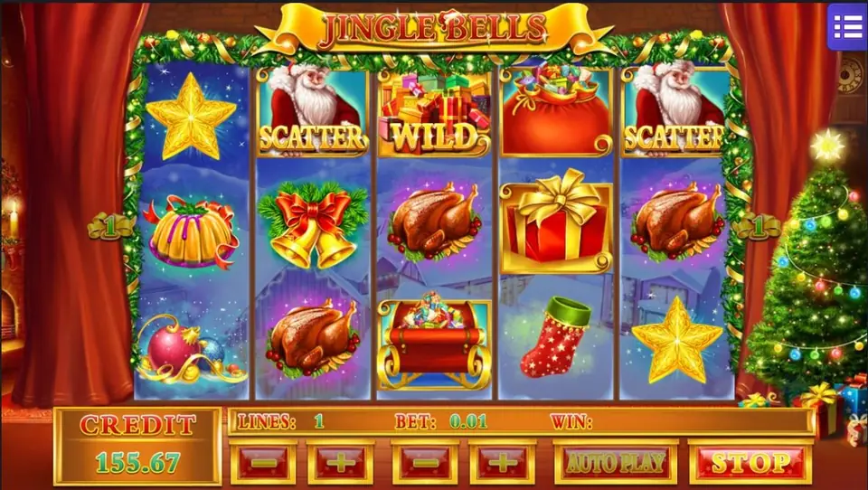 Jingle Bells on Mega888 with two Santa scatters, a gift-pile wild, bells, roast turkey, a stocking and a sleigh, 1 line at 0.01