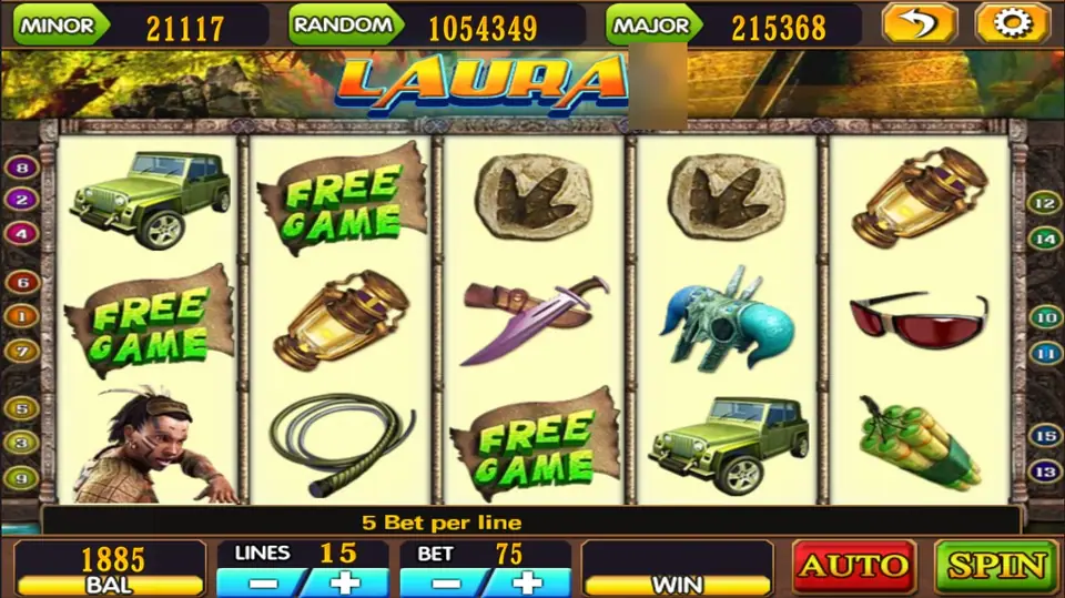Laura on Mega888 with three wooden Free Game signs, jeeps, lanterns, a whip, a dagger and a stone footprint, Lines 15 and Bet 75