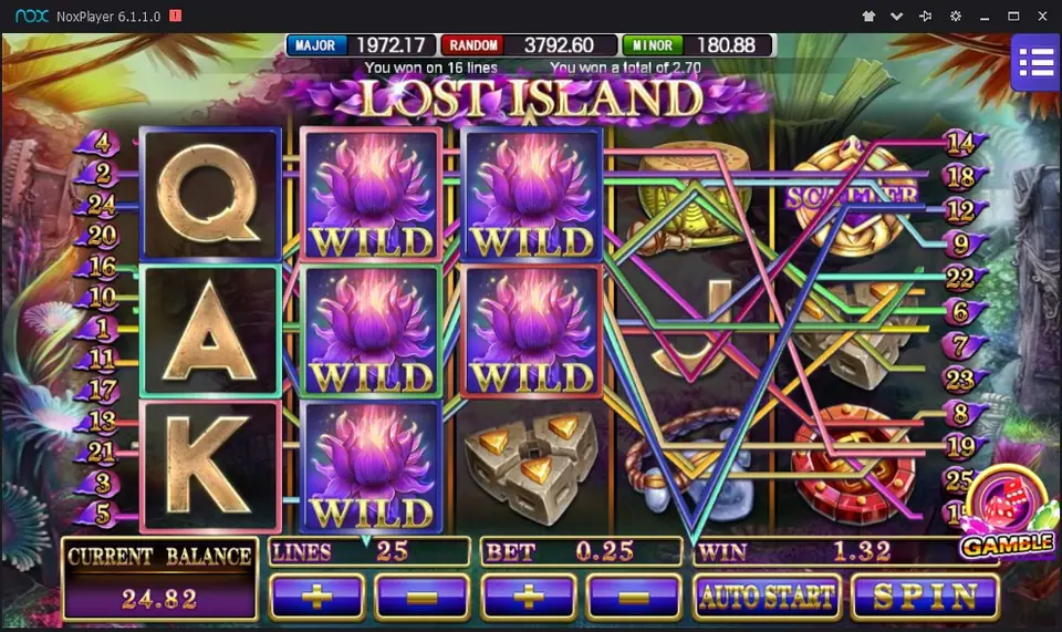 Lost Island on Mega888 with purple lotus wilds stacked on reels 2 and 3, winning lines drawn across 25 lines, bet 0.25, win 1.32