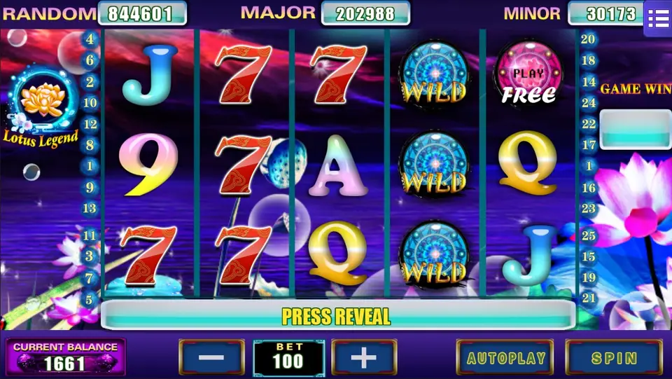 Lotus Legend on Mega888 with red sevens, a stacked blue mandala wild on reel 4 and a pink Play Free scatter, bet 100