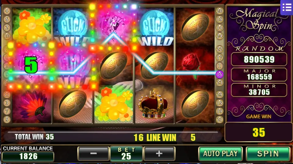 Magical Spin win with two Click Wild orbs and flowers lighting up line 16, LINE WIN 5 and a total win of 35 on a bet of 25
