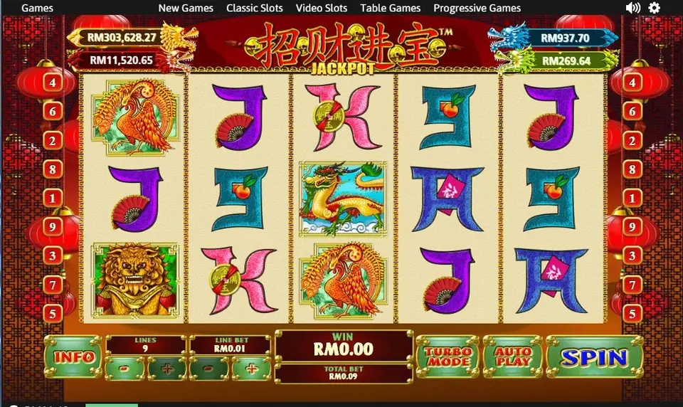 Zhao Cai Jin Bao Jackpot on NTC33 with two phoenixes, a golden guardian lion and a dragon among decorated card letters, four jackpot meters above, 9 lines at RM0.01